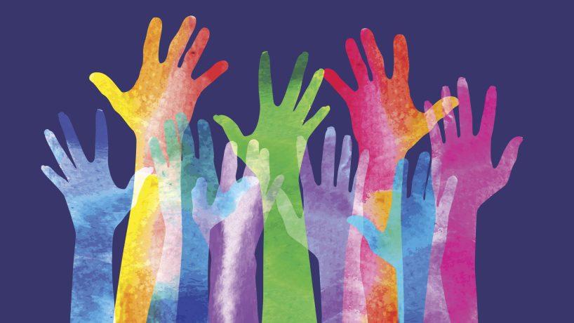 Overlapping silhouettes of Hands in a watercolour texture.