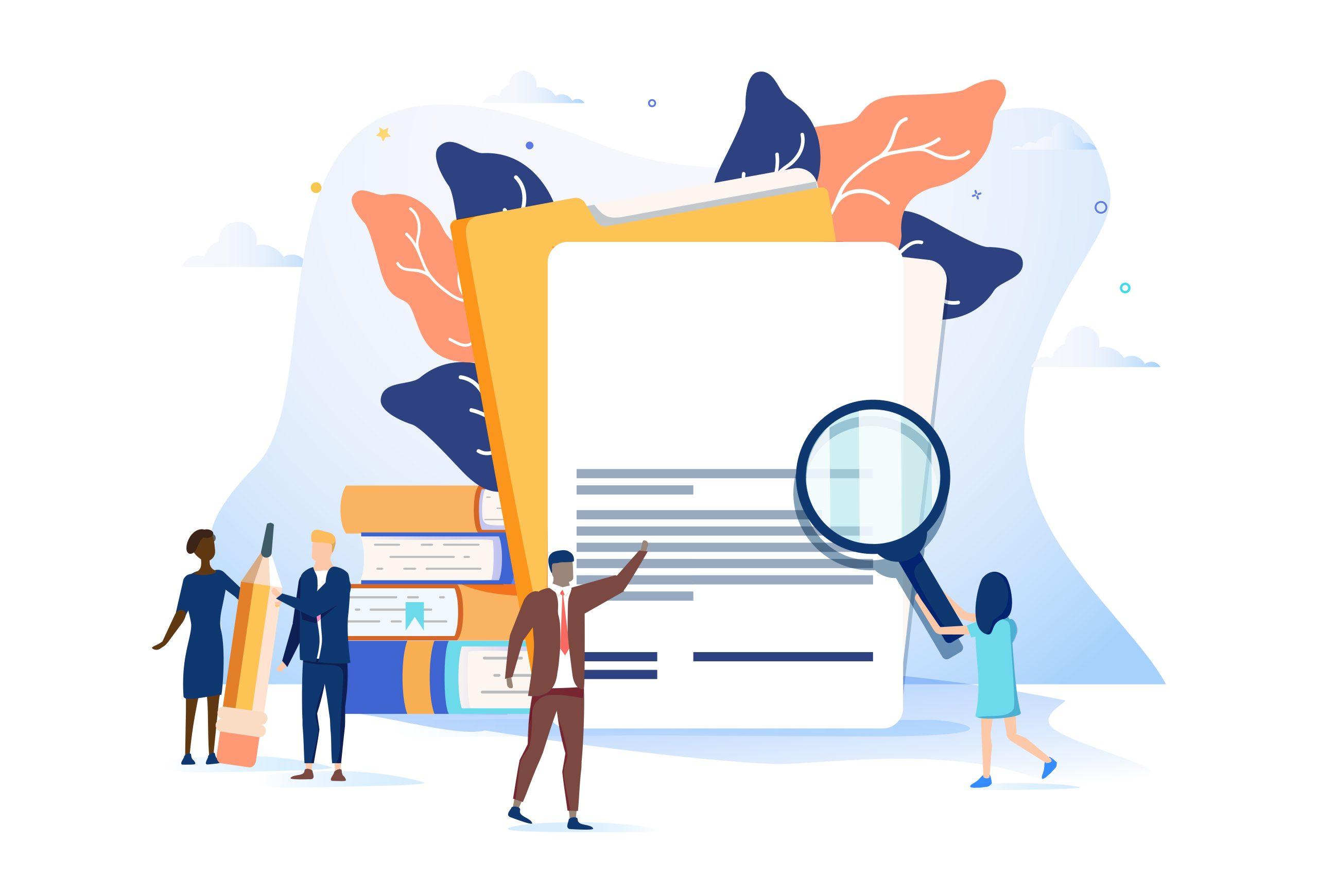 graphic of woman with a magnifying glass looking at giant folders