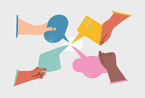 graphic of four hands giving away speech bubbles