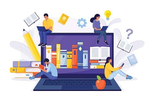 graphic of a laptop showing books and people learning