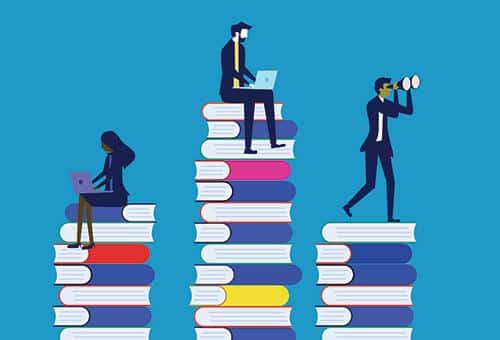 graphic of three piles of books with people on top using laptops and another looking through binoculars