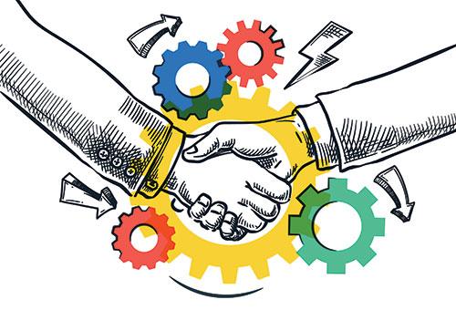 grapic of a handshake and gears