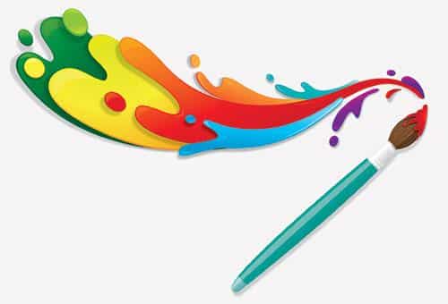 a paint brush ans strokes of paint with several different colors