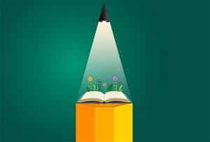 graphic of a pencil tip with a book and plants light up with the graphite tip serving as a light