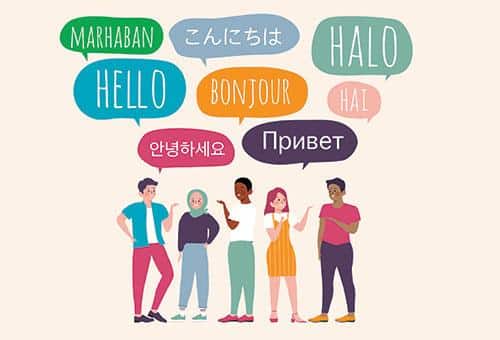 graphic of a group of 5 people talking in different languages