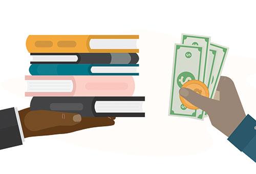 graphic of a hand holding books and another with money