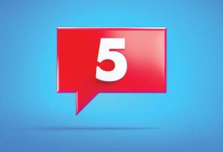 a red speech bubble with a number five on a blue background
