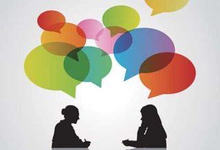 people talking with several speech bubbles