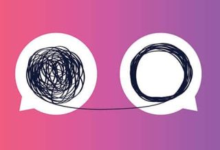 two speech bubbles connected together by a yarn. one of the bubbles has the yarn rolled perfectly in a circle while the other is tangled
