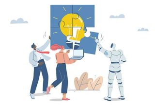 graphic of two people and a robot assembling a puzzle