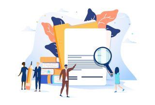 graphic of woman with a magnifying glass looking at giant folders