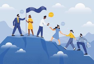 graphic of people helping each other up a mountain