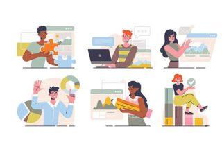 graphic of educators doing different tasks like solving puzzles, writing on a computer, checking charts and paiting